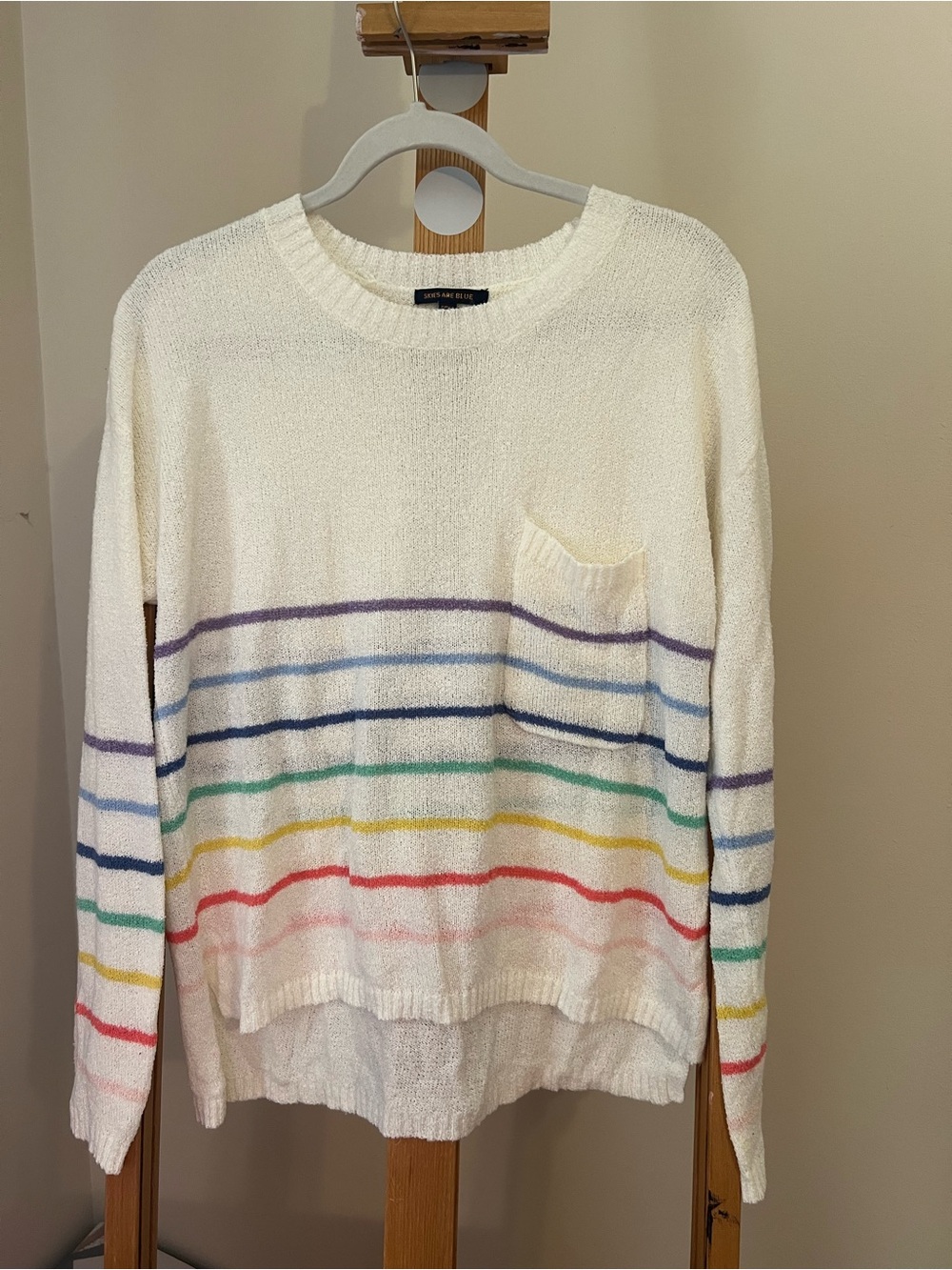 Skies Are Blue Oversized Off White Lightweight Sweater with Rainbow Stripes